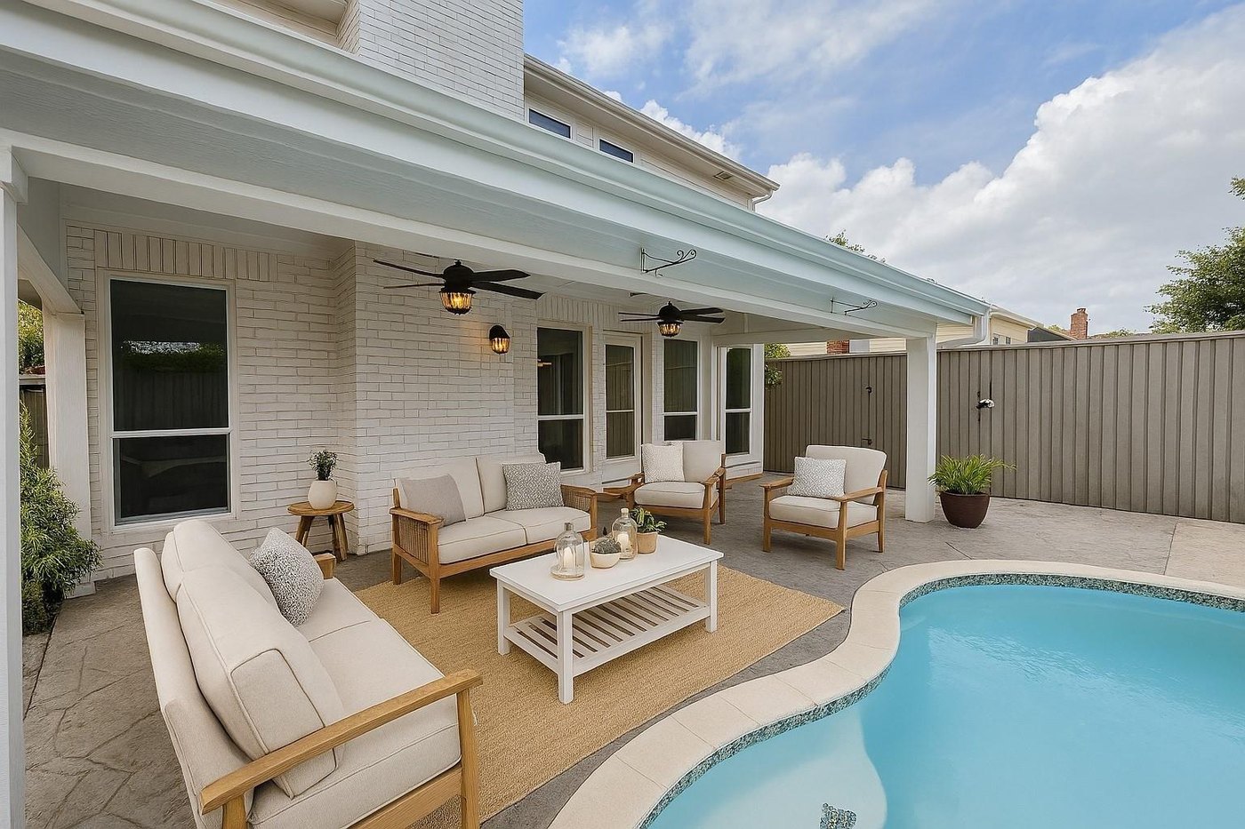 Shaded covered patio overlooking the pool at 2009 Antwerp, Plano